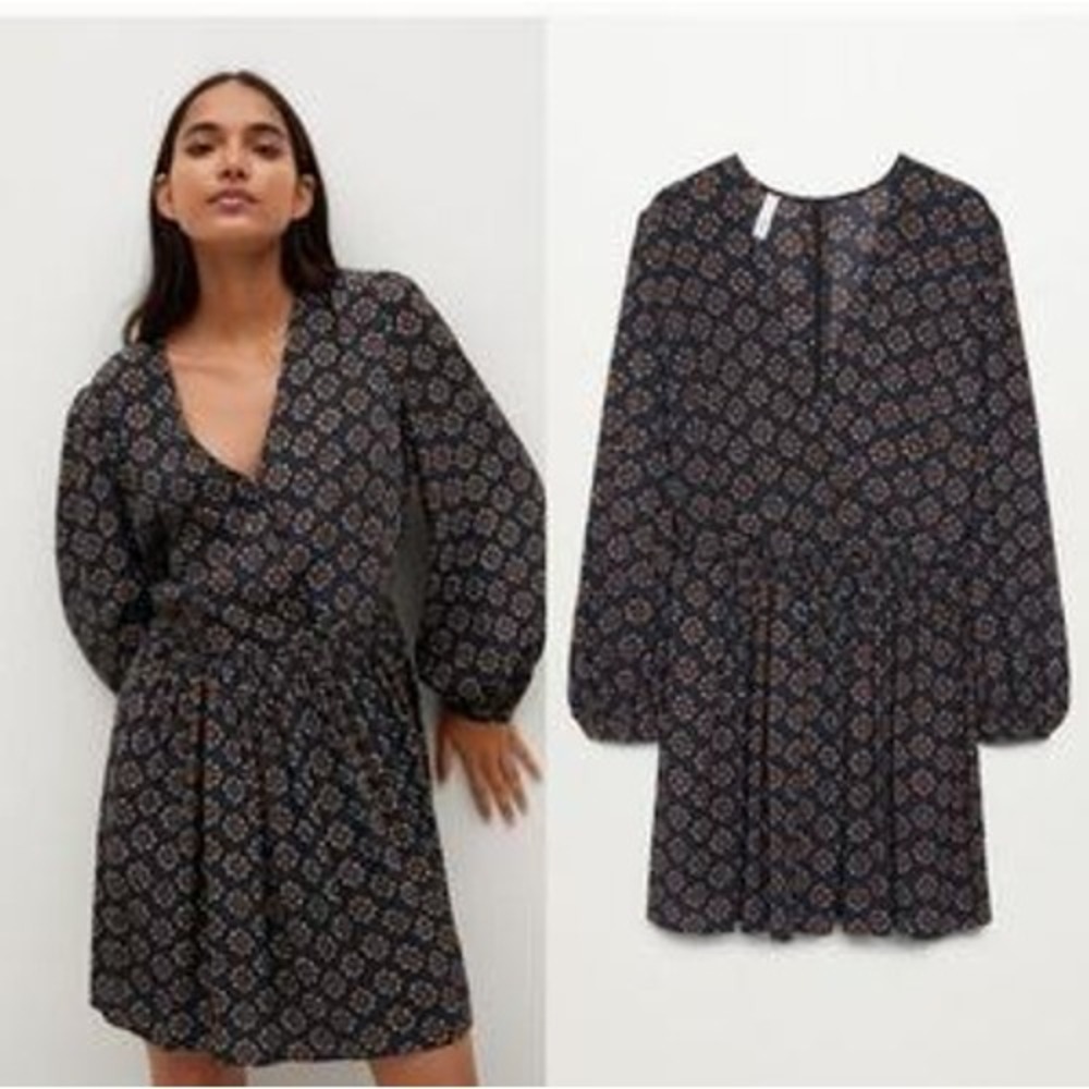 Mango Floral Mini Dress XL Black Long Sleeve V Neck NWT‎ Boho Fall Print